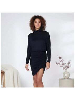 Veronica Beard Manda Ruched Turtleneck Dress Womens XL Black Dolman Sleeve